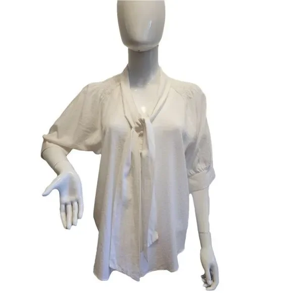 Ann Taylor Ivory Short Sleeve Neck Tie Blouse, Medium - Picture 5 of 15